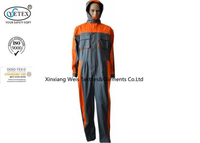 Grey Orange Fr Cotton Coveralls / Fr Clothing Coveralls With Hood Breathable Cotton NFPA 2112